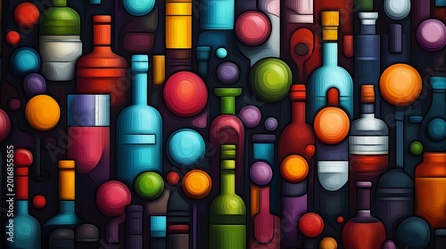 A colorful illustration of wine bottles and glasses, arranged in an abstract pattern on the right side of the canvas The background is a dark gray with subtle gradients, Generative AI