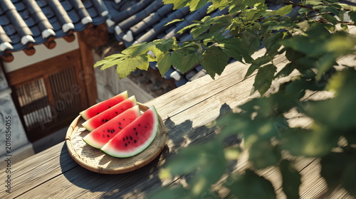 Fresh watermelon slices placed on a wooden tray on the rooftop terrace of a traditional Korean Hanok. Summer season and Korean culture concept. Top view.