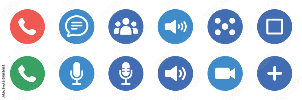 Fototapeta premium Video Call Icon Set with Video Conference Buttons Template for Mobile Phone Online App, UI, and Meeting Workspace Vector Illustration
