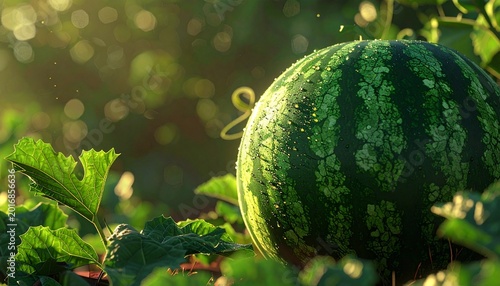 Realistic close-up of a ripe watermelon in the foreground on a vine, natural sunlight, detailed rind texture, green leaves, shallow depth of field, soft bokeh background, photorealistic macro.