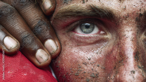 Indian cricket team celebrating golden confetti concept. Close-up portrait of a young man with a dirty face and intense gaze.