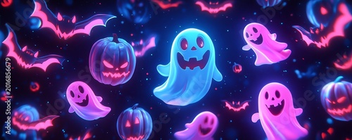 Many cute pink and blue ghosts, pumpkins, and bats against a neon black background, Generative AI