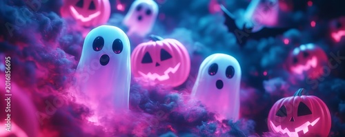 Many cute pink and blue ghosts, pumpkins, and bats against a neon black background, Generative AI