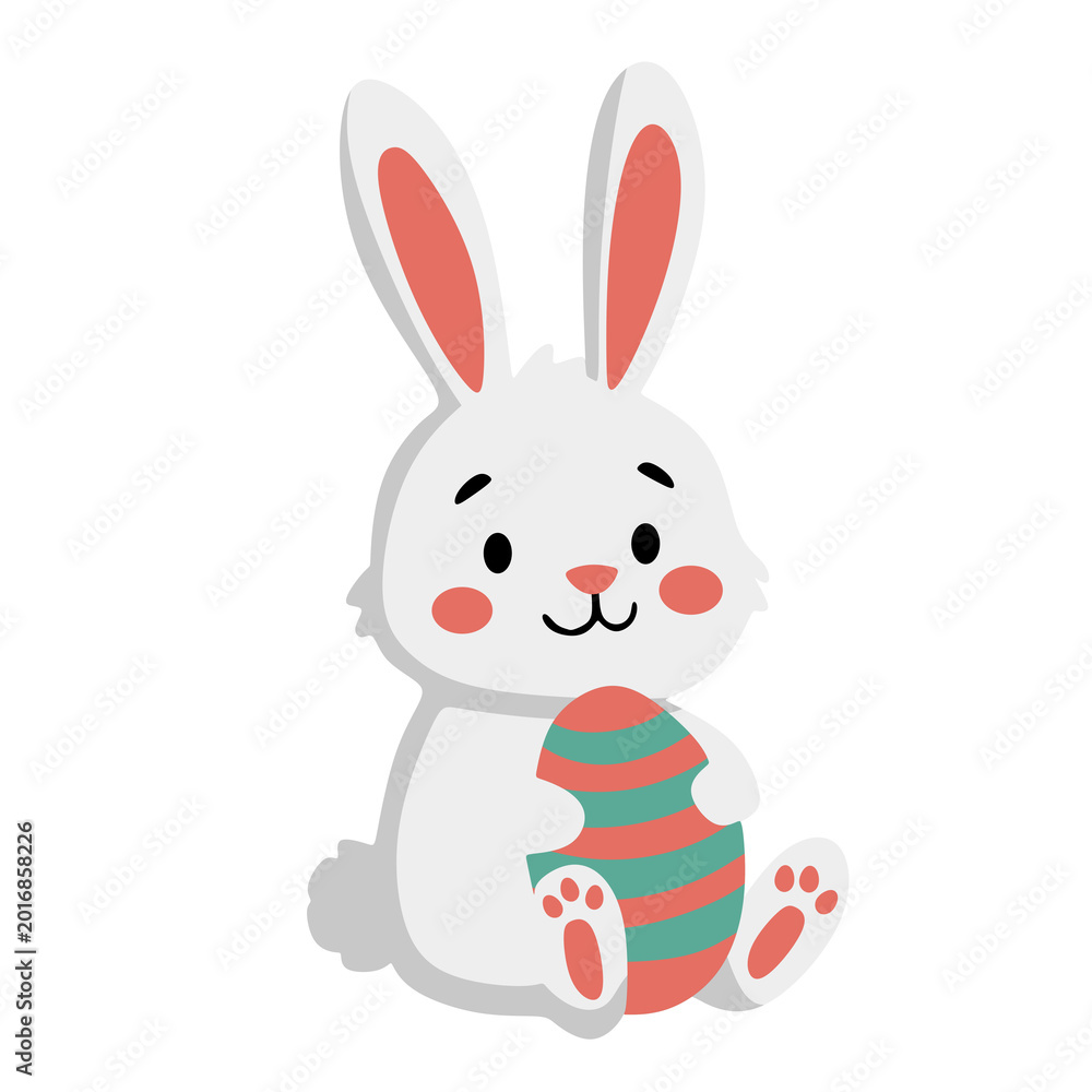 Obraz premium Adorable Fluffy Bunny Holding a Colorful Striped Easter Egg