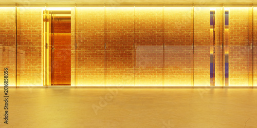 3d rendering modern interior with glass partitions brick wall and golden lighting