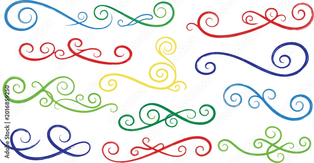 Naklejka premium A vibrant collection of hand-drawn calligraphic swirls and ornamental flourishes in red, blue, green, and yellow, isolated on a white background.