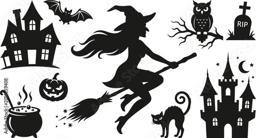 halloween silhouettes set with witch pumpkin and haunted house
