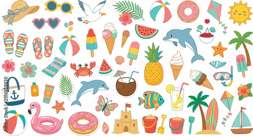 summer themed illustrations and icons on a white background
