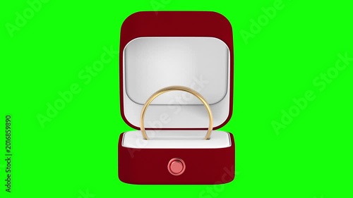 Gift box with wedding ring on green background. Isolated 3D illustration