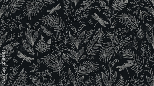 Dark Monochrome Botanical Pattern Featuring Dense Leaves and Fronds on a Textured Background.