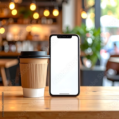 A smartphone and coffee cup on a wooden table in a cafe (1)