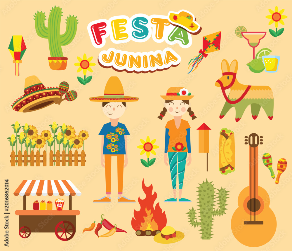 Fototapeta premium festive festa junina illustration with traditional elements colorful vector graphics on a beige background