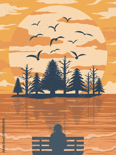 Woman Sitting on Bench Watching Sunset with Birds and Trees