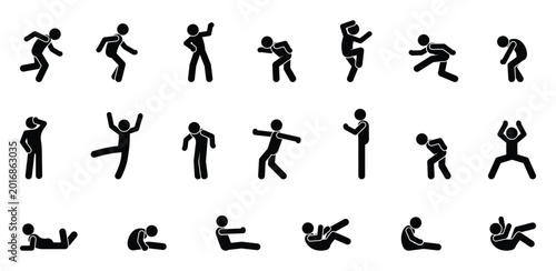 stick figure, set of icons people, basic movement, man poses, pictogram human silhouettes	

