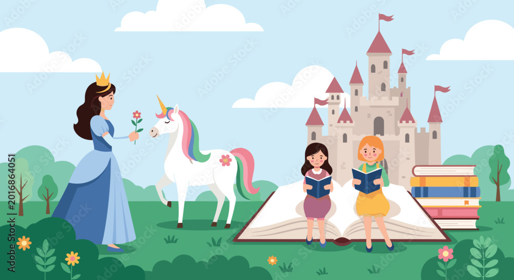 Fototapeta premium Fairy tale scene with princess, unicorn, and children reading books in front of a magical castle for kids storybook illustration.