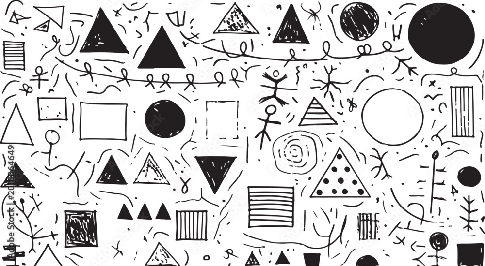 Fototapeta premium Hand-Drawn Black Geometric Doodles and Tribal Symbols on White Background