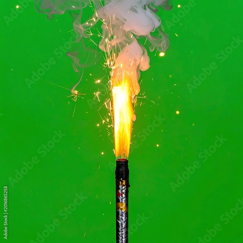 A sparking fuse emits smoke against green