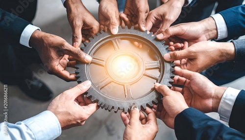 Diverse hands connecting cogwheels around a central gear, representing cooperation, business synergy, and shared goals.
