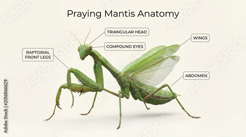 Praying mantis anatomy infographic showing triangular head compound eyes raptorial front legs wings abdomen in realistic educational illustration for biology lessons insect morphology study