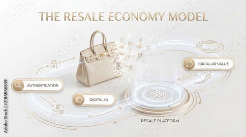 3d luxury resale infographic showing circular value model with authentication digital id resale platform for secondhand fashion business education marketplace marketing investor communication