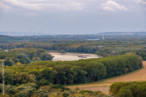 Konstfotografi Panoramic landscape of the Danube and Morava rivers meeting near Devin on the Slovakia and Austria border