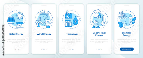 Bild auf Leinwand Types of renewable energy blue onboarding mobile app screen
