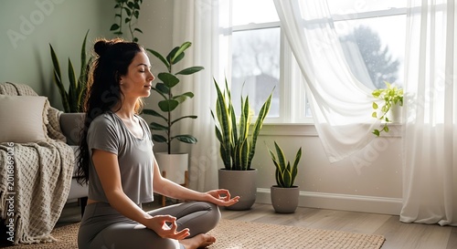 Woman meditating indoors with eyes closed near window and plants in natural light