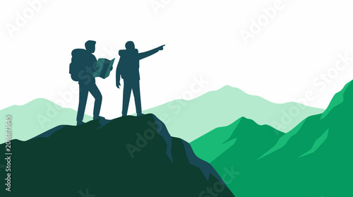 Foto Two hikers navigating mountain landscape with map, pointing the way forward