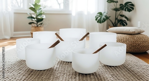 Set of White Crystal Singing Bowls for Sound Healing Therapy and Meditation