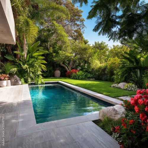 Bright Garden With Pool and Plants During Daytime in a Residential Area