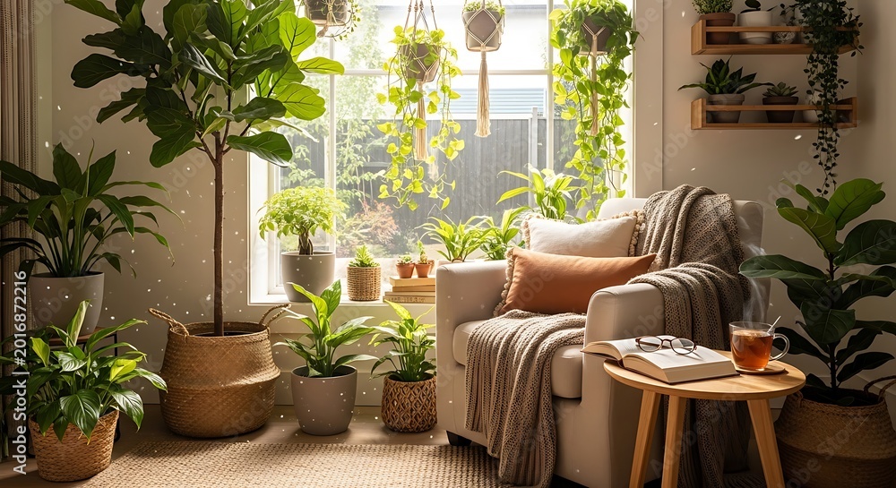 Fototapeta premium Cozy Living Room Interior with Armchair and Potted Houseplants