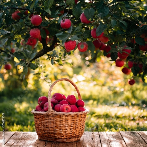 Apples in a Basket Under Apple Trees During Sunset in an Orchard