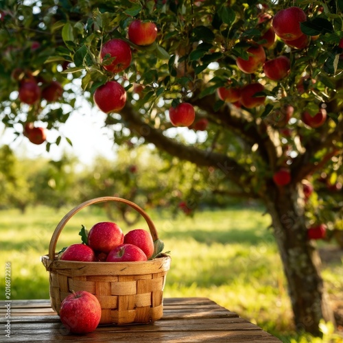 Apples in a Basket Under Apple Trees During Sunset in an Orchard
