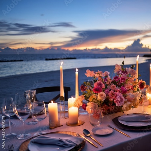 Romantic Dinner Setup on the Beach at Sunset With Candles and Flowers