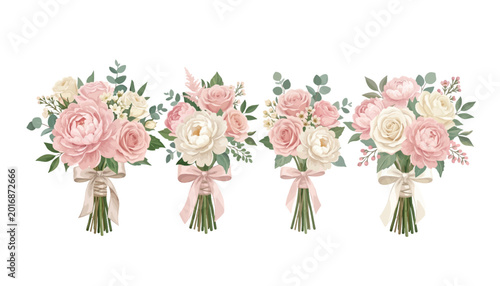 Foto Collection of delicate floral design flower bouquets with garden flowers and dec