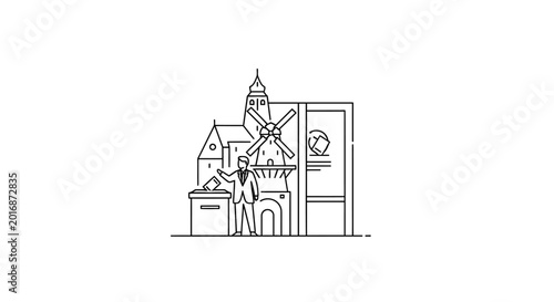 Man voting next to ballot box and Dutch windmill