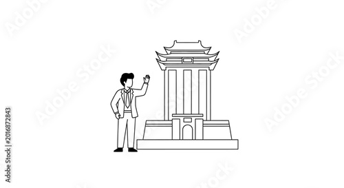 Businessman standing before traditional Asian temple