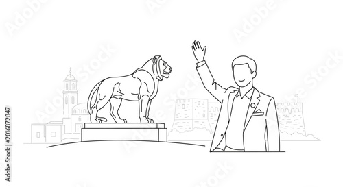 Professional man waving near historic city lion statue