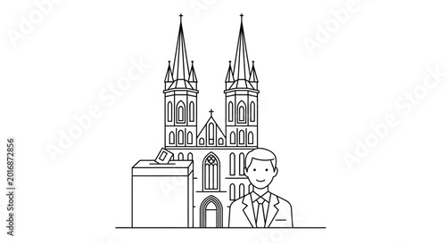 Male candidate at ballot box with Gothic cathedral