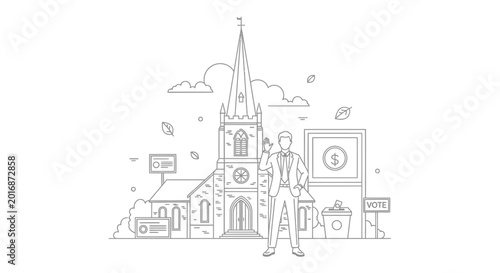 Person standing with church and voting symbols