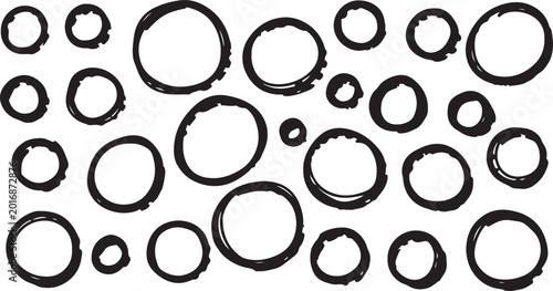 Foto Set of black uneven circles drawn with thick outline by hand with paint brush with smeared, rough edges of different sizes