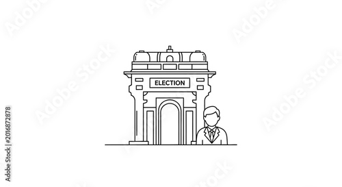 Person standing in front of election archway building