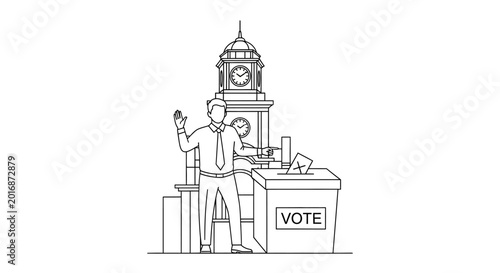 Man voting at ballot box with government building background