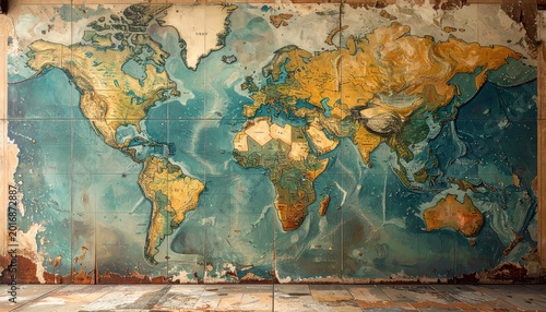 Vintage World Map Mural With Aged Texture and Faded Colors.