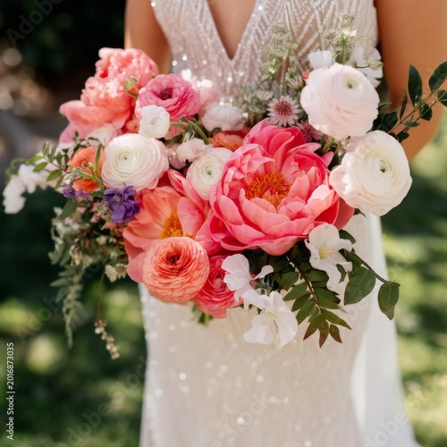 A Bride Stands Outdoors Holding a Large Bouquet of Flowers