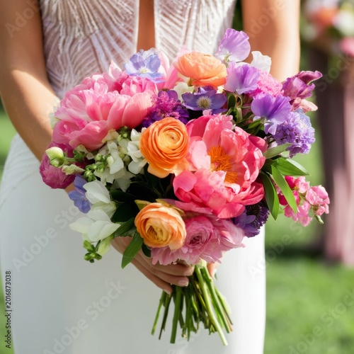 A Bride Stands Outdoors Holding a Large Bouquet of Flowers