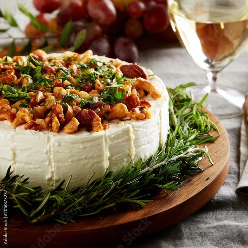 Delicious Cheese Platter With Herbs, Nuts, and Wine in a Cozy Setting for a G...