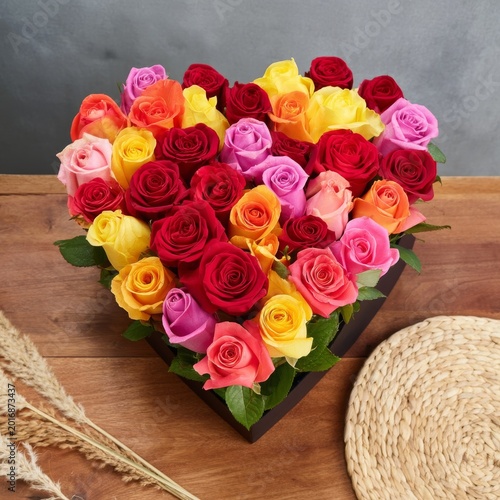 Bright Roses Arranged in Heart Shape on Wooden Table With Decorative Items Pr...