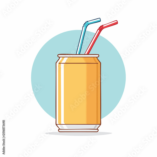 Yellow soda can with two straws and blue circle background