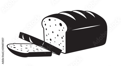 Sliced loaf of bread with knife black and white silhouette